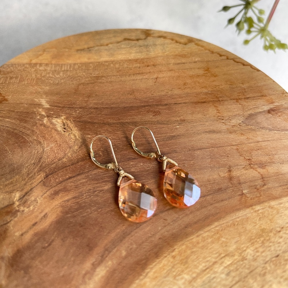 Blush Peachy Pink Crystal Teardrop Dangle Lever Back Earrings